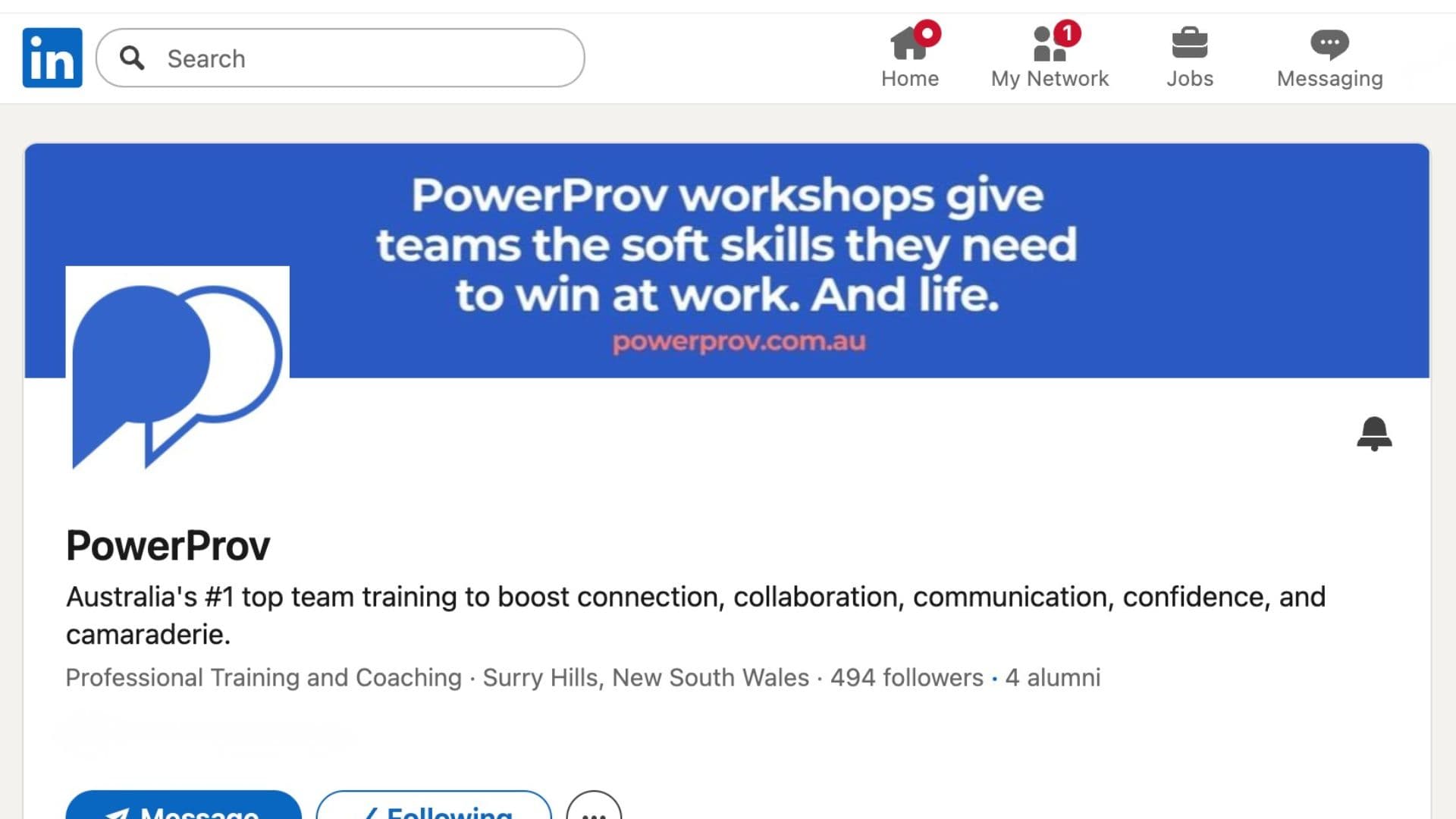 The PowerProv school page on LinkedIn, listed under Professional Training and Coaching in Surry Hills, New South Wales